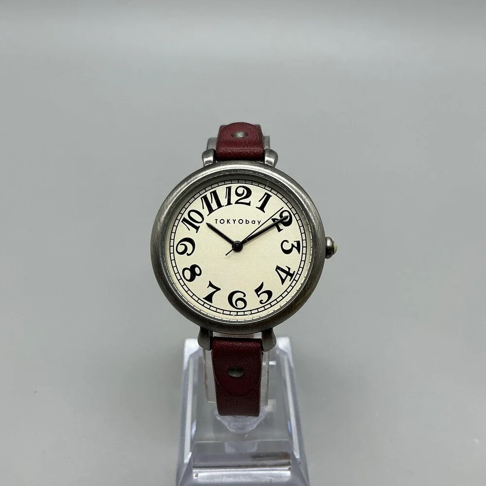 TOKYObay Womens Watch 35mm Silver Tone Cream Dial Red Leather Band New Battery